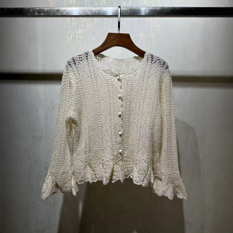 Unique Designer Crochet Hollow-Out Knit Cardigan for Women, 2026 New French Style Bell Sleeves with Ruffles, Casual Top