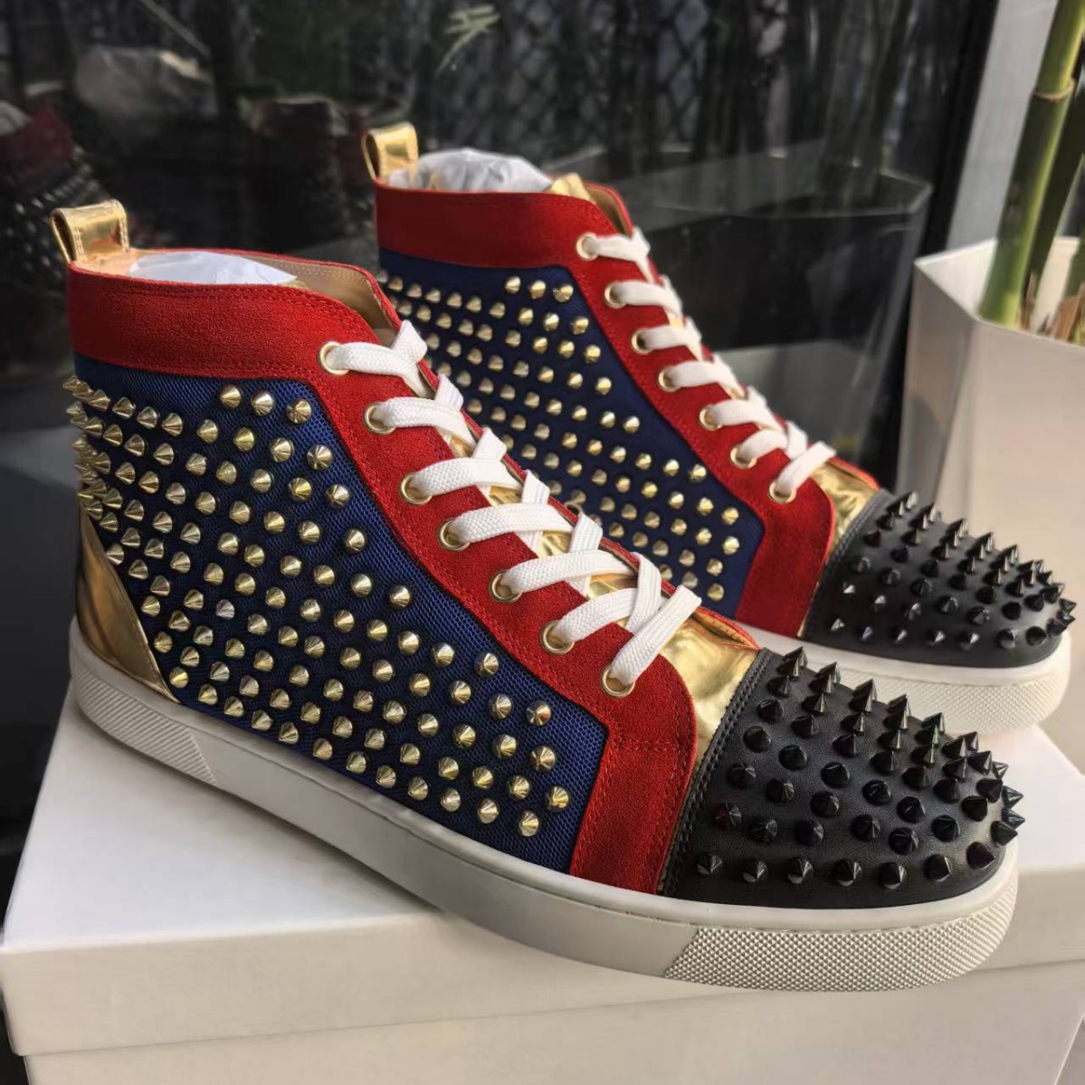 Personalised Studded High-top Sneakers In Red And Blue Leather_voghion.com