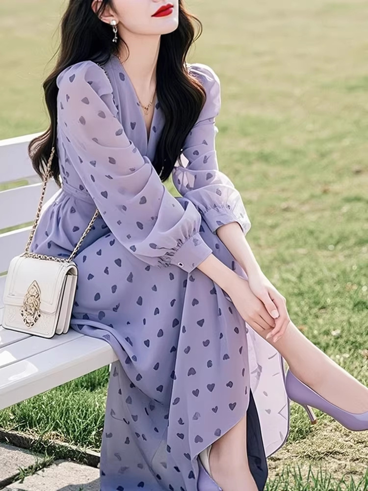 Váy dài maxi nữ họa tiết hoa tình yêu kiểu Pháp cổ điển — Hoa tím