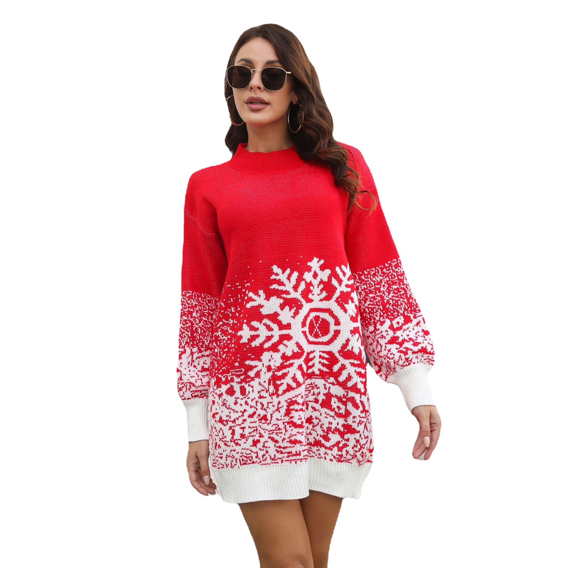 Vêtements pour femmes Robe pull de Noël Manches lanternes en jacquard flocon de neige, robe tricotée ample, nouveaux vêtements pour femmes d'automne et d'hiver_voghion.com