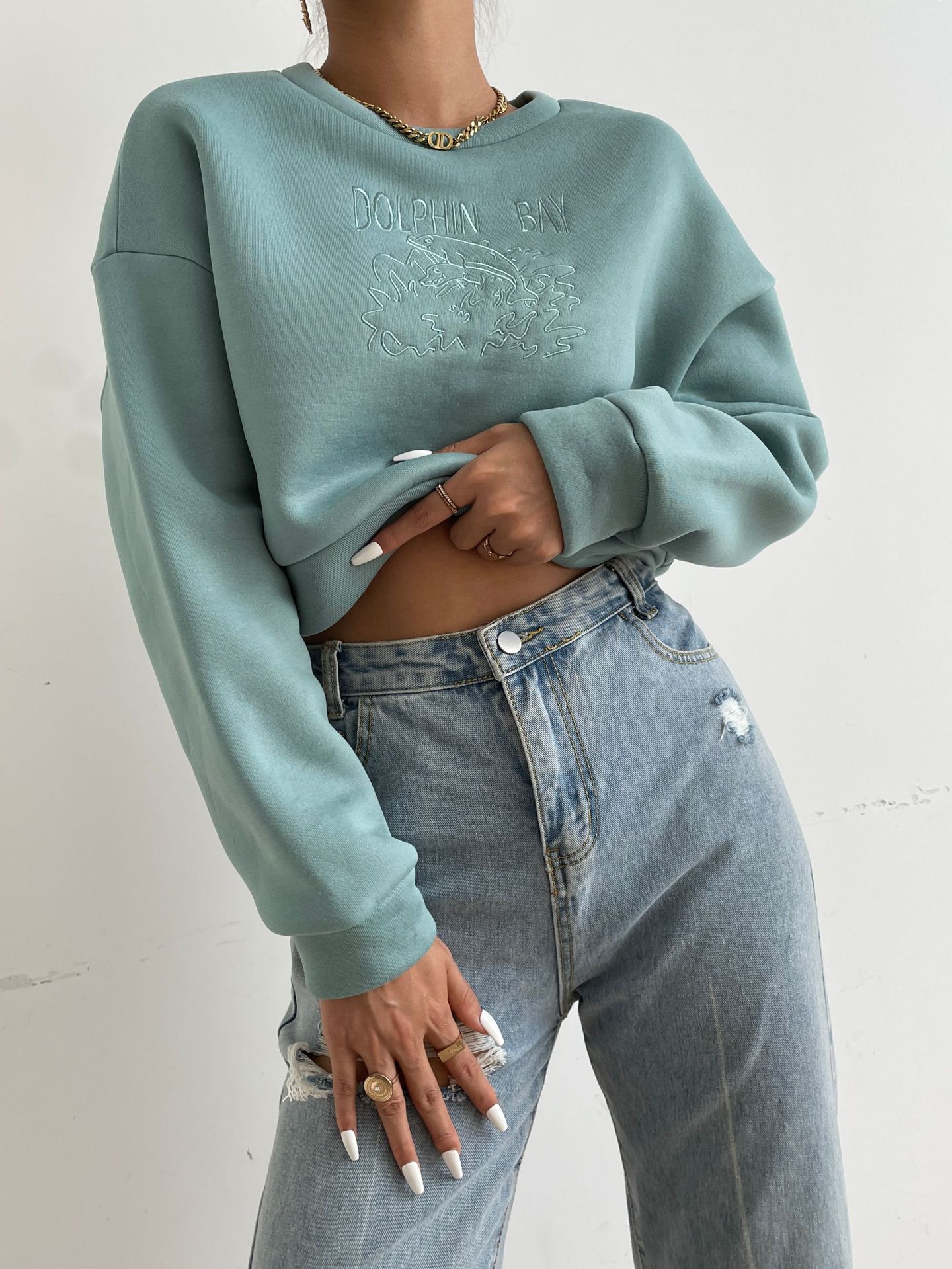 round neck embroidery drop shoulder casual pullover sweatershirt nihaostyles wholesale clothing NSGMY82666