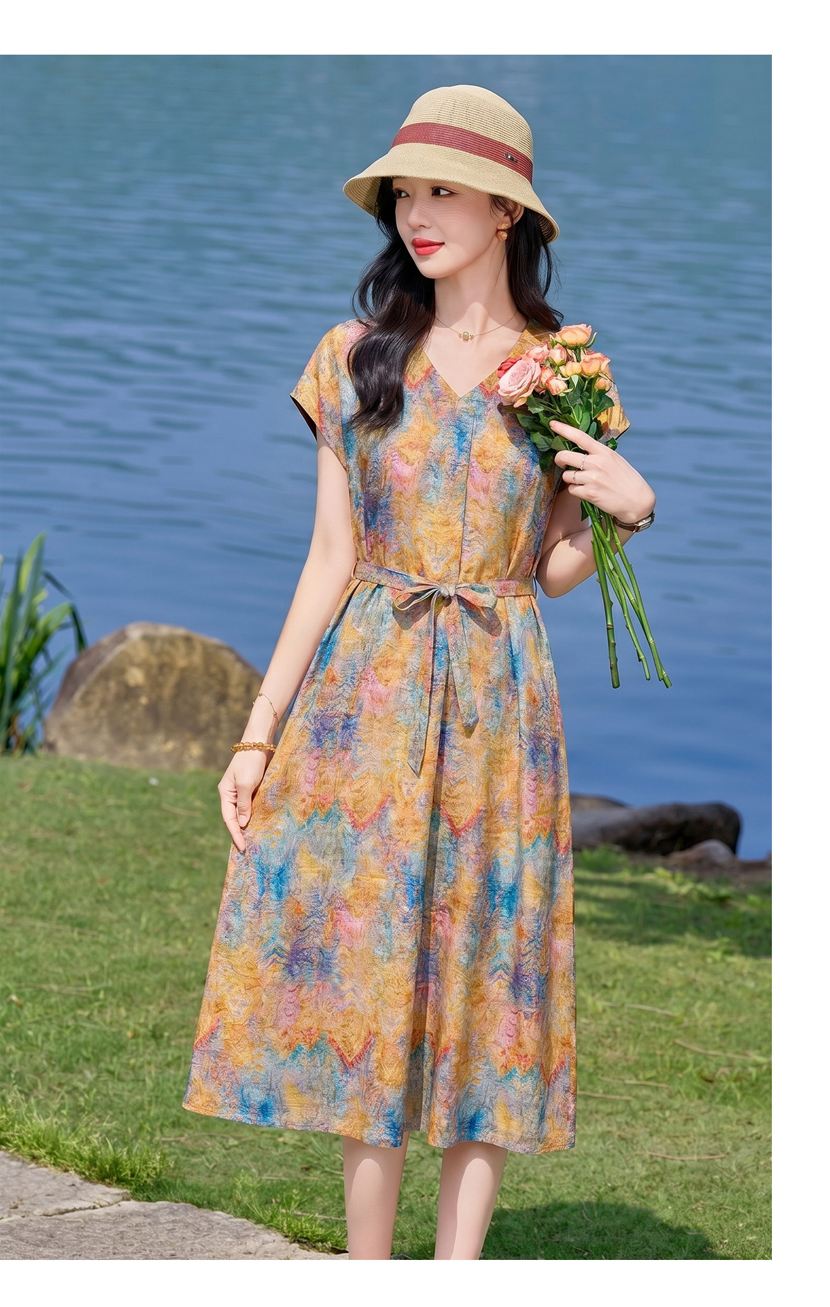 Đầm maxi nữ V cổ thắt eo họa tiết hoa nhí — xanh lam, màu vàng, màu đỏ chi tiết 20