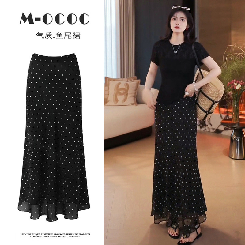 Polka Dot Fishtail Skirt Women's Skirt 2025 Summer New Mid-Length Retro Hong Kong Style Hip-Covering High-Waisted Chiffon Long Skirt