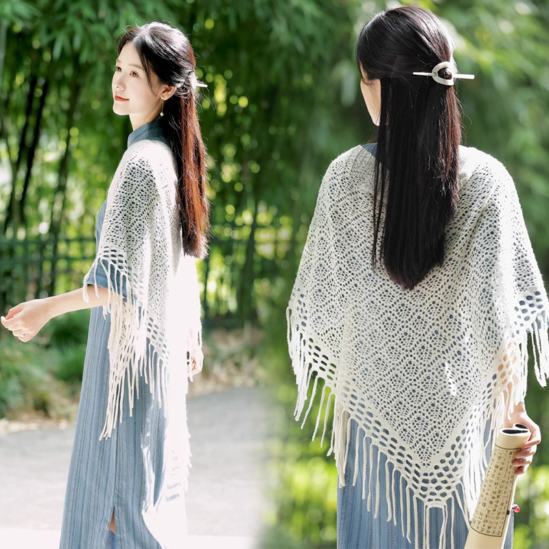 Retro fresco 2024 flor de cadena de verano fino hueco literario estilo perezoso cárdigan con chal exterior cheongsam
