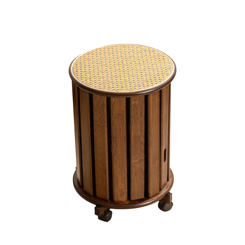 Banco de madera maciza taburete doméstico taburete bajo taburete redondo sala de estar madera de ratán se puede almacenar taburete de molino de viento apilado casual adulto