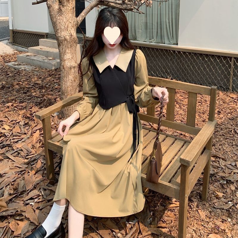 大码胖MM秋季法式赫本风设计感假两件连衣裙收腰茶系文艺温柔长裙|undefined
