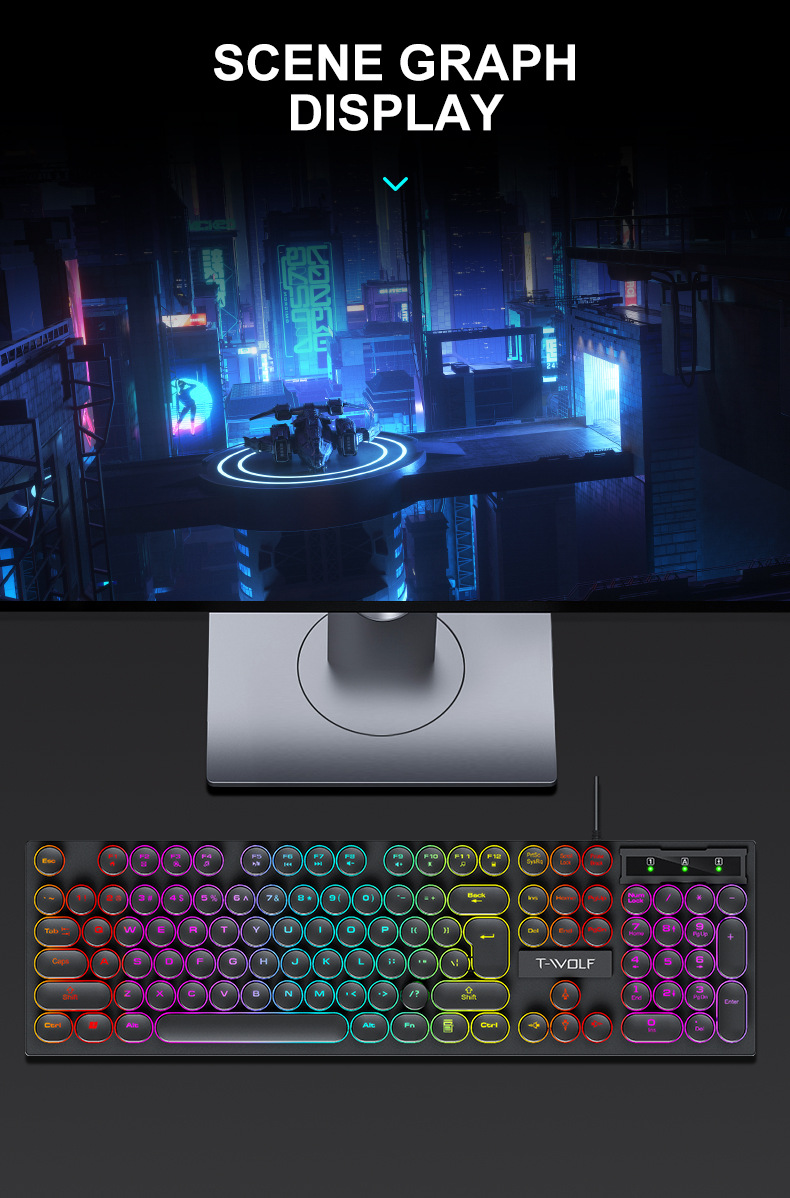 T-WOLFT80 wired punk keyboard, glowing USB computer keyboard set_voghion.com