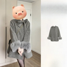 大衣女款2025新款冬季法式气质蝴蝶结毛袖灰色双面呢子外套