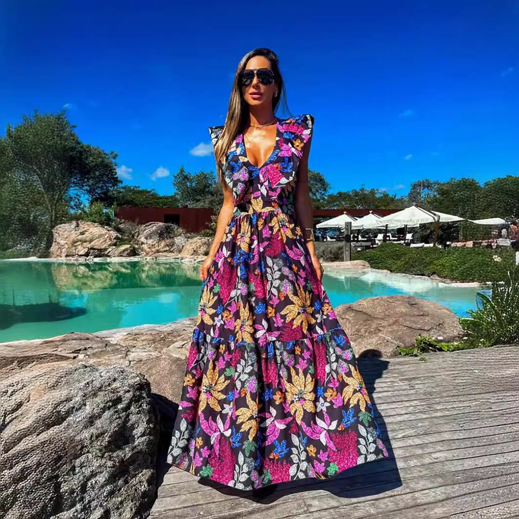 560g Weight Maxi Long Dress Dress Length Type Wholesale Women's Vacation Leaves Flower Daily Beach V Neck Sleeveless Swing Dress