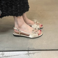 2025 夏の新スタイルのリボンオープントゥフラットソフトソールサンダルラウンドトゥフィッシュマウスフラットヒールの女性の靴
