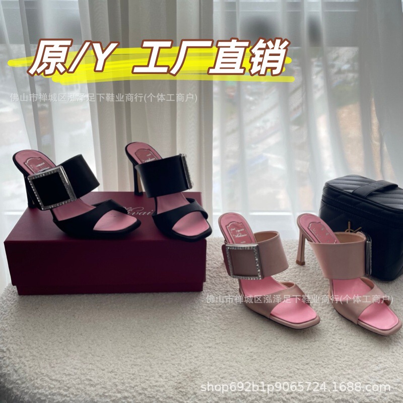 French-Style Versatile Rv Square Buckle Elegant Thin High-Heeled Slippers for Women 2026 New Summer Outdoor Silk Open-Toe Sandals