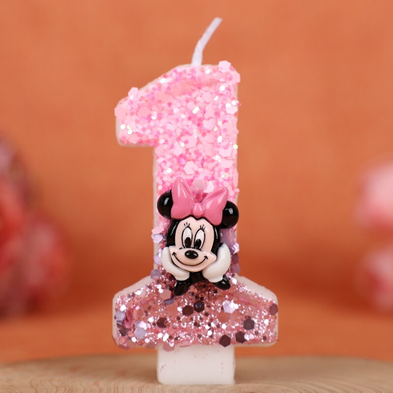 国境を越えた漫画ミニーの誕生日ケーキ誕生日パーティーお祝いピンク手作りデジタルスパンコールキャンドル 0-9|undefined