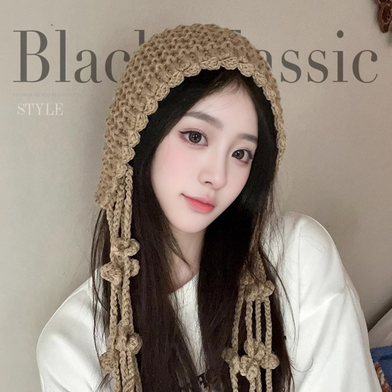 日系网红流苏毛线帽子女秋冬季雷锋帽韩版甜美可爱护耳包头针织帽|undefined