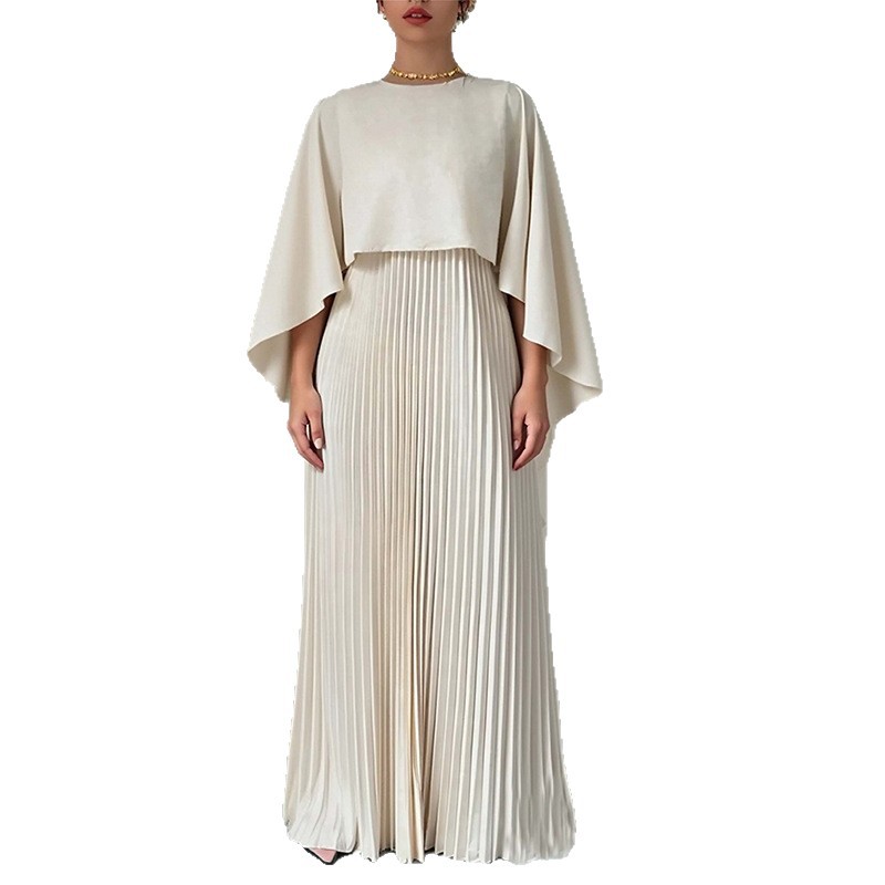 Spring 2026 New Women's Clothing, Cape Elegant Solid Color Round Neck Pleated Slim Fit Fashion Suit_ecoleips.com