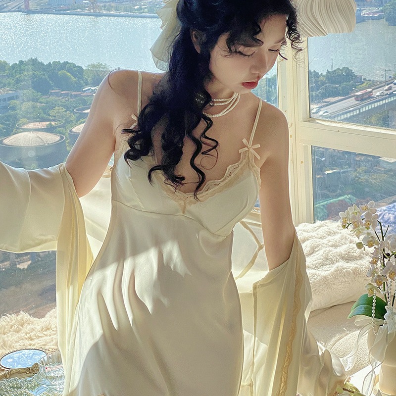 202424 New Satin Chiffon Thin Silk Pajamas Sexy Ice Silk Nightgown Women's Summer Two-piece Nightgown Belt