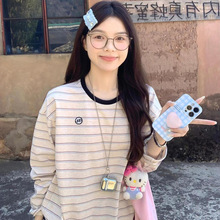 简约通勤撞色拼接条纹长袖t恤女2025春秋季韩系vintage宽松上衣服