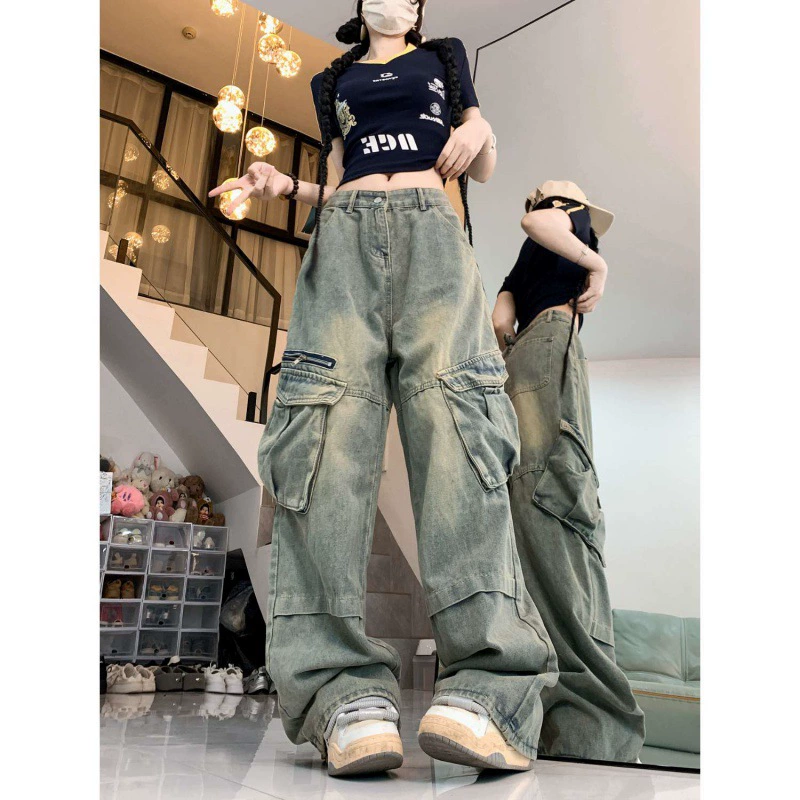 2024-май для новых мужчин и женщин ретро синие ручные многокарманные комбинезоны женские американские широкие ножки дикие прямые джинсы