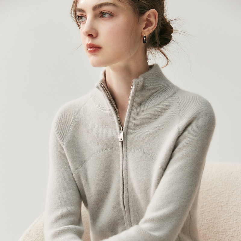 2026 Stand Collar Cashmere Knit Cardigan for Women, New Autumn and Winter Style, Double Zipper Wool Sweatshirt with Quilted Stitching, Sweater Coat