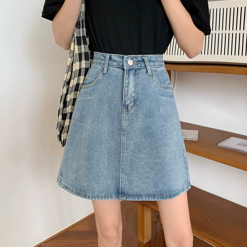 Джинсовая юбка в стиле ретро с высокой талией в гонконгском стиле для женщин осенью и зимой, большие размеры, студенты, универсальная утягивающая короткая юбка трапециевидной формы, облегающая бедра