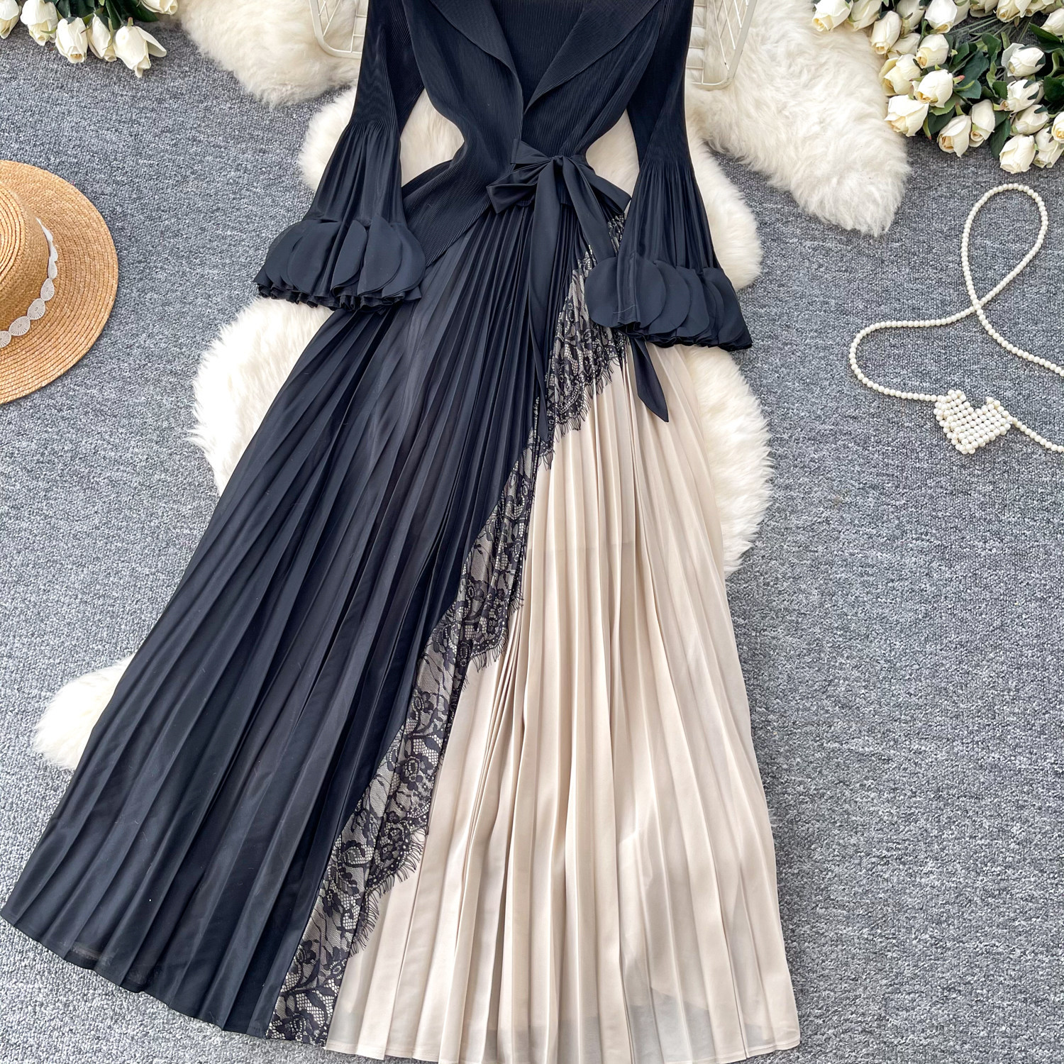Elegant V-Neck Floral Print Maxi Dress Wrap Style Flared Sleeves Ruffle Hem Office-Ready One-Size Fits US 4-12 Four Colors_ecoleips.com