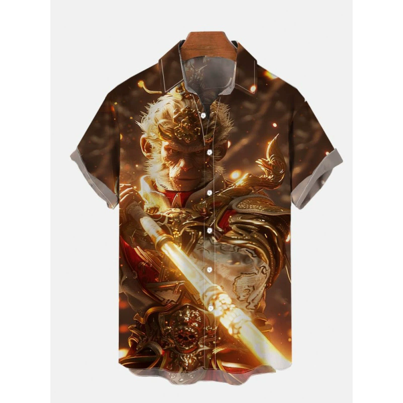 Летняя мужская гавайская рубашка с короткими рукавами для трансграничной электронной коммерции, рубашка с короткими рукавами в стиле ретро из китайской мифологии Вуконг и печать дракона