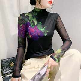 跨境欧货女春秋冬时尚洋气长袖高领网纱t恤女定位花上衣一件代发