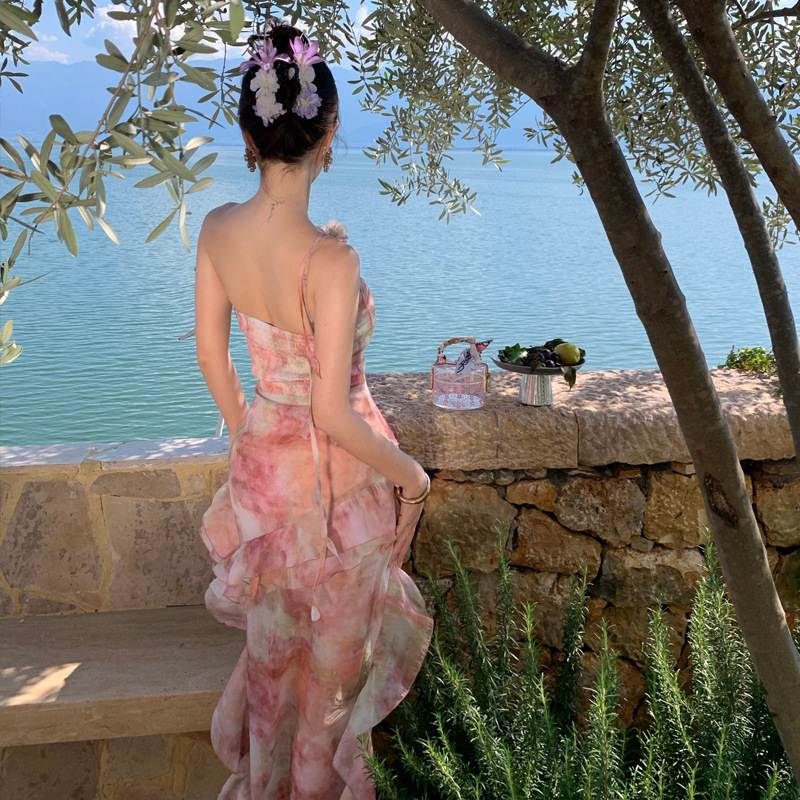 2025新款  度假风连衣裙女2025夏季新款不规则荷叶边短裙抹胸裙子|undefined