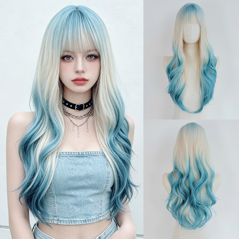 Cross-Border New Product Platinum Gradient Long Curly Hair Wig for Women, Synthetic Fiber Body Wave Wig, European and American Hot Girl Y2K Style Cross-Border New Product Platinum Gradient Long Curly Hair Wig for Women, Synthetic Fiber Body Wave Wig, European and American Hot Girl Y2K Style