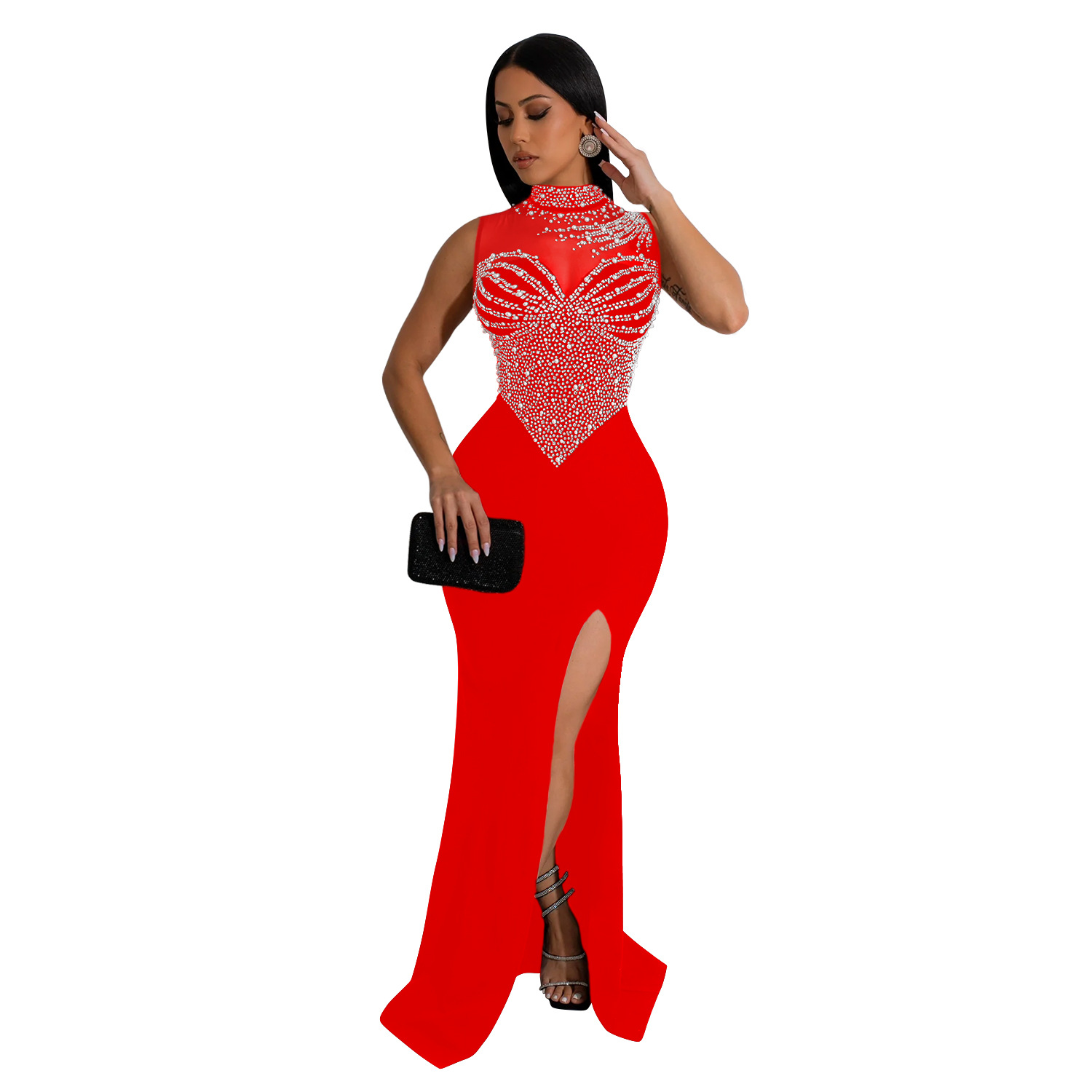 C6913 Aliexpress transfronterizo amazon ropa de moda europea y americana de color sólido malla de diamante vestido sin mangas image 8