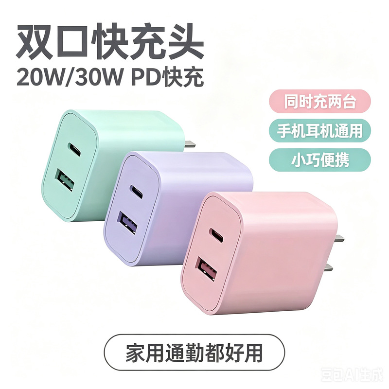 Mobile phone fast charger USB+Type-C charging head PD portable dual-port compact five-color transparent crystal color Mobile phone fast charger USB+Type-C charging head PD portable dual-port compact five-color transparent crystal color