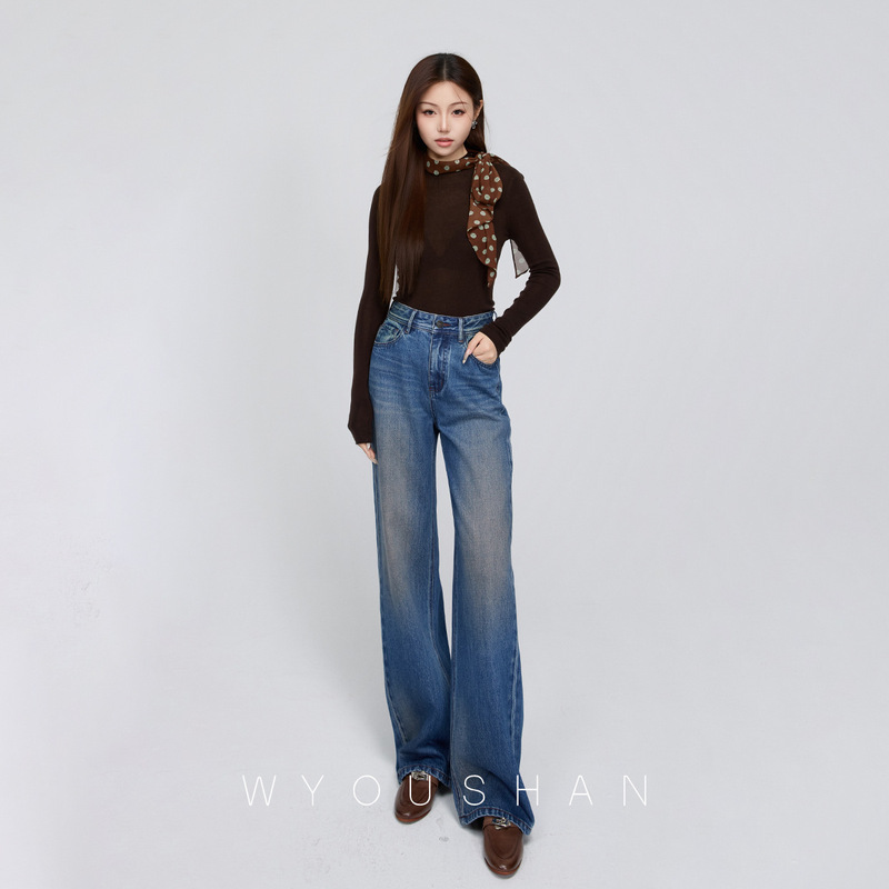 [Wang Youshan] Women's Wide-Leg Jeans, Floor-Length, High-Waisted, Straight-Cut, Loose Pants for Autumn and Winter, Lacquer Blue 505