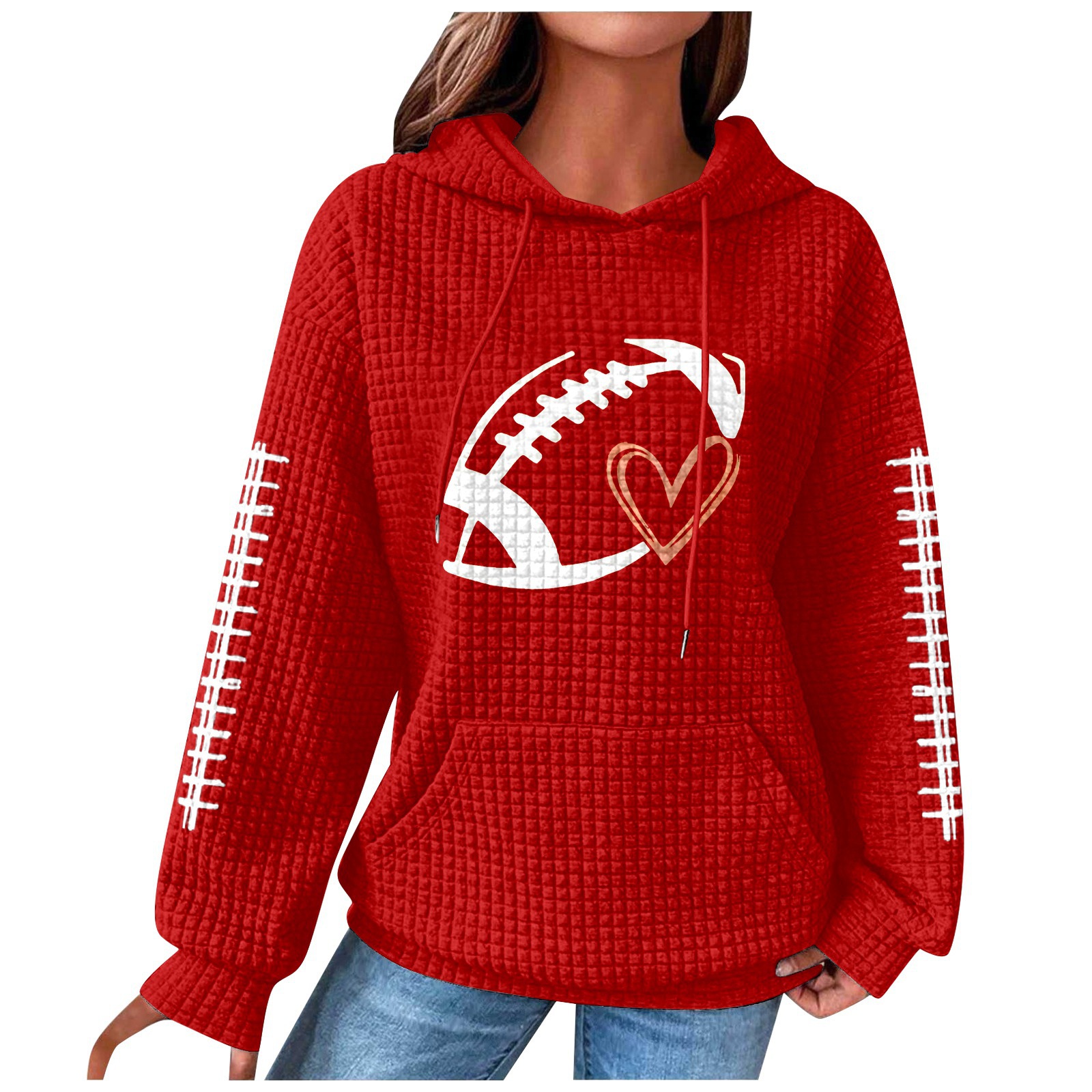 Women's Rugby Hoodie Waffle Knit Pullover Sweatshirt Print_voghion.com