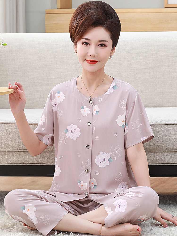 中老年睡衣女夏季棉绸短袖七分裤妈妈款家居服中老年开衫夏天套装
