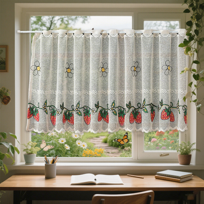 Cross-border New Coffee Curtain Small Fresh Dust-proof Embroidered Curtain Transparent Perforated Non-perforated Partition Curtain American Style