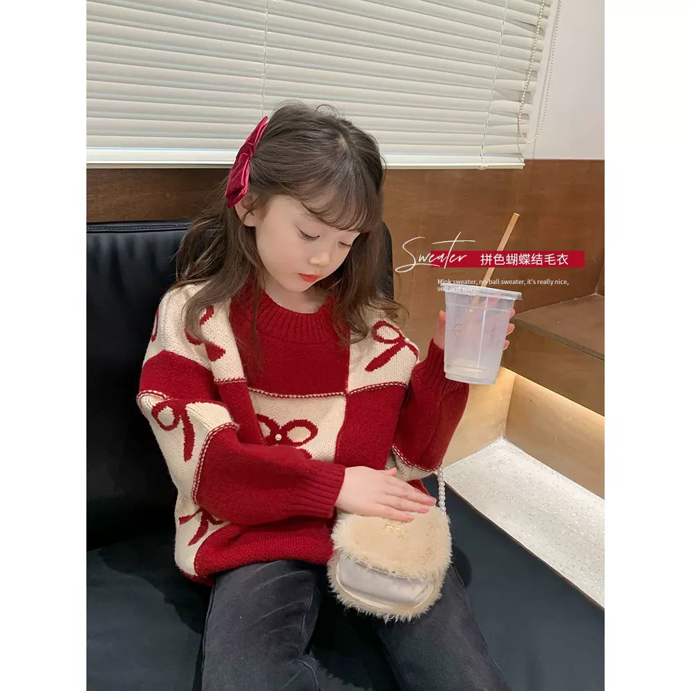女童秋冬红色毛衣韩版小女孩时尚格子蝴蝶结针织衫中大童百搭上衣