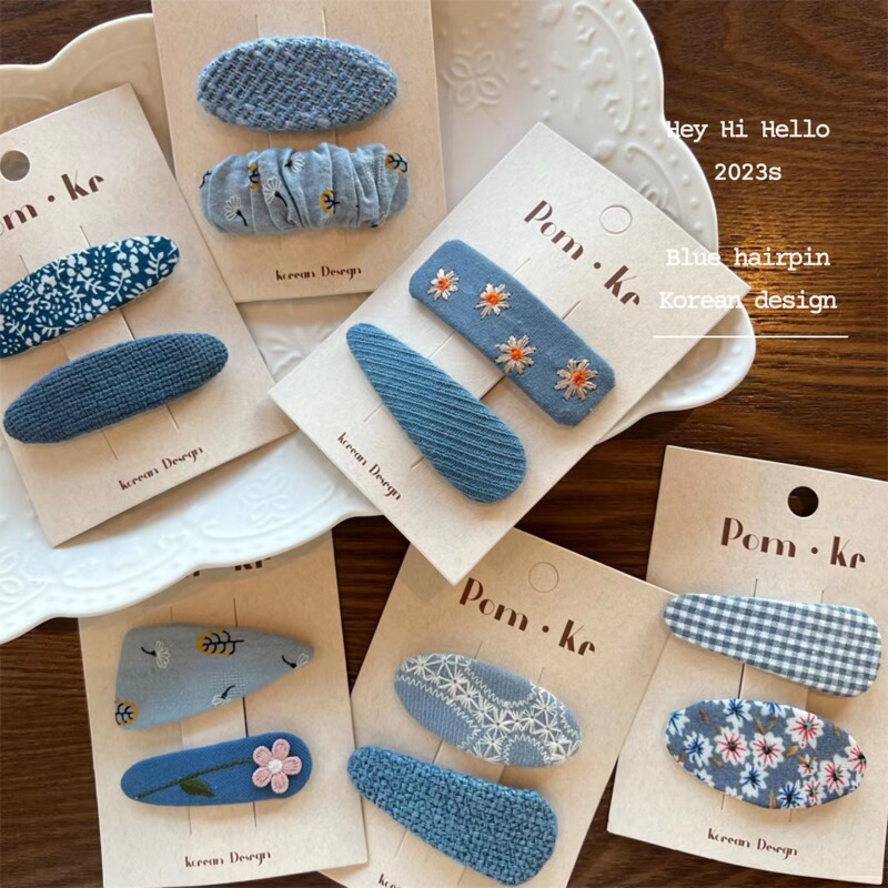 New Korean style blue flower BB clip denim Plaid embroidered hair clip children's bangs clip all-match broken hair clip