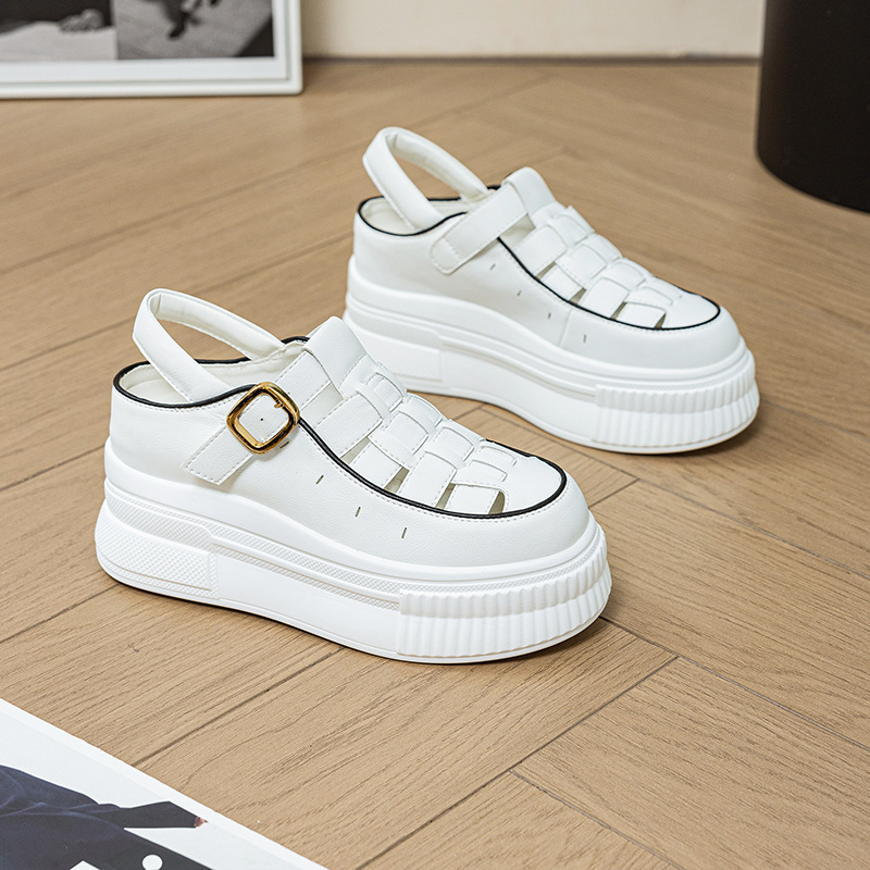 Women's Thick-Soled Closed-Toe Sandals 2026 New Summer Style Women's Leather Platform Roman Shoes Hollow-Out Height-Increasing White Shoes