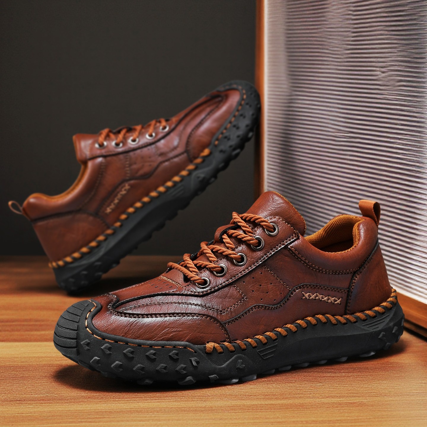 镂空手工缝线男鞋户外休闲鞋一脚蹬平底皮鞋低帮大码跨境乐福鞋