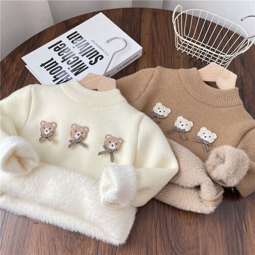 Children's Autumn/Winter One-Piece Fleece Sweater for Boys and Girls, Winter Fleece Lining Base Shirt for Kids, Baby Thicker Knit Topwear, Trendy