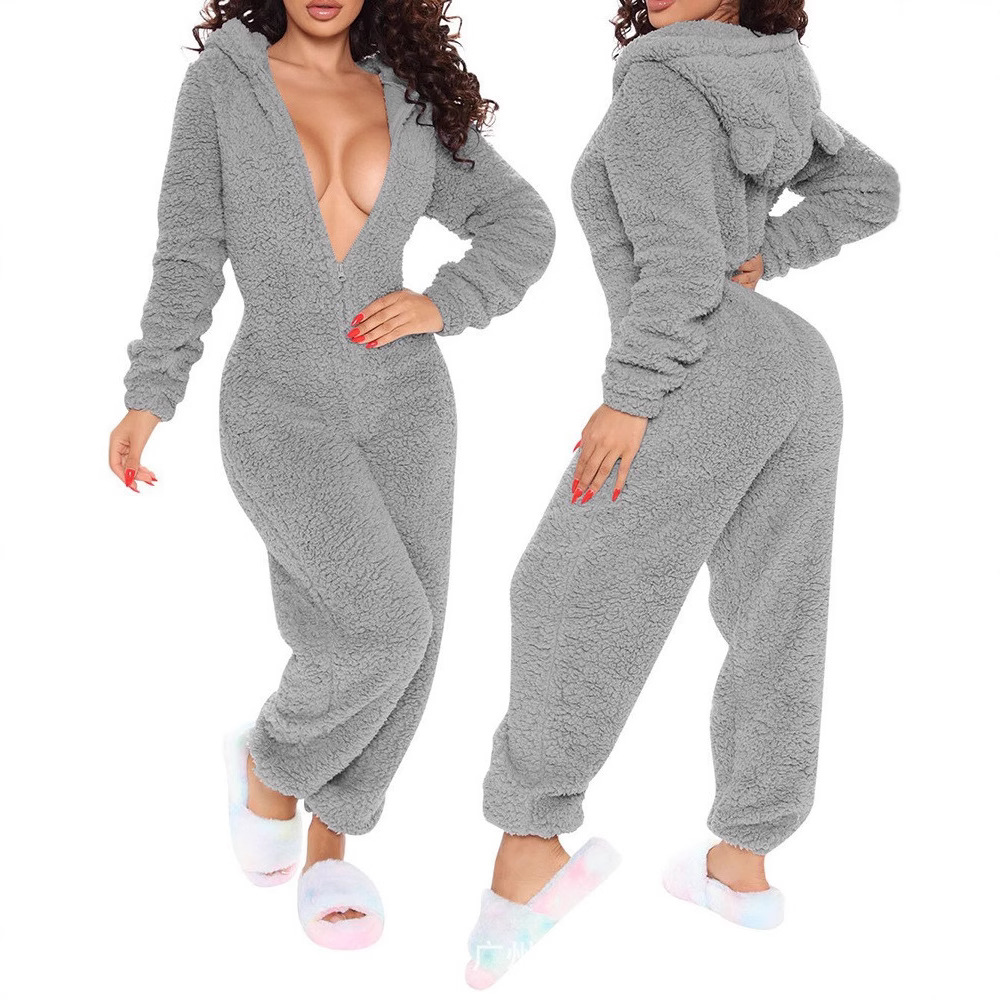 Kuscheliger Fleece-Langarm-Jumpsuit – Einteiliger Strampler für Damen (S-2XL, Schwarz/Rot/Pink/Dunkelgrau)_voghion.com