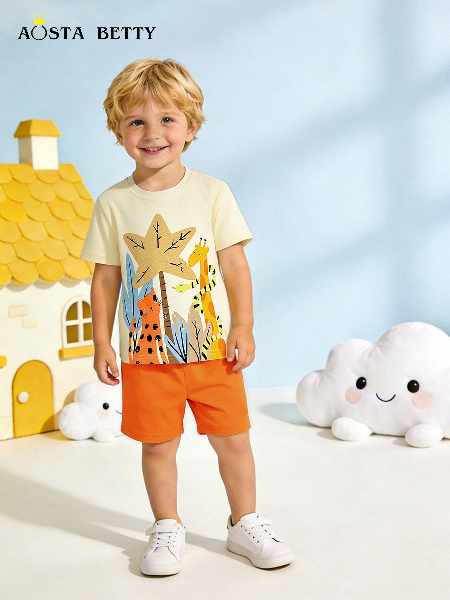 AostaBetty juego de niños de algodón de punto camiseta de manga corta de dos piezas de estilo europeo y americano juego de deportes para niños transfronterizos