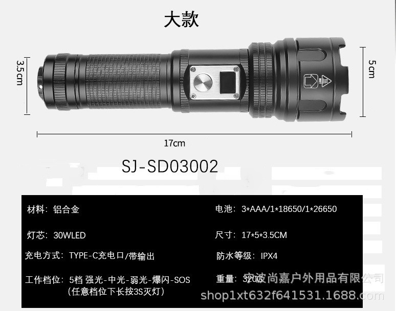 Linterna láser blanca explosiva transfronteriza, TYPE-C de carga, linterna LED de patrulla, linterna impermeable al aire libre