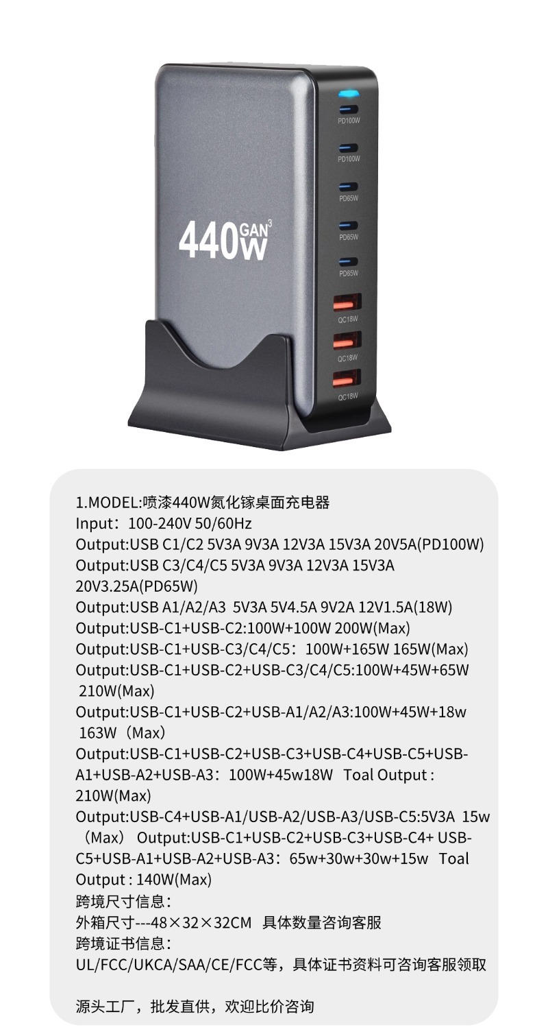 Cross-border 440W Desktop Charging Station, 440W Multi-port USB Multifunctional Fast Charger 440W Gallium Nitride Charger