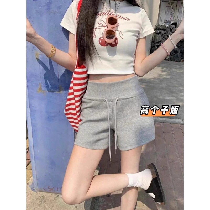 Tall American-Style Spicy Girl Gray Sports Shorts for Women, Summer High-Waisted Straight Casual Wide-Leg A-Line Hot Pants