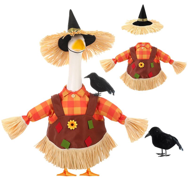 3Pcs Thanksgiving Scarecrow Porch Goose Costumes, Suitable for 23inch Lawn Statue Goose Designs, with Hats