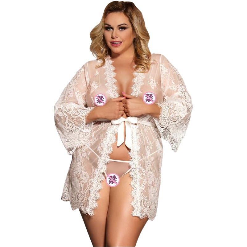 Europa y América más tamaño lencería sexy cinturón pijamas de encaje perspectiva cardigan camisón Amazon 80528