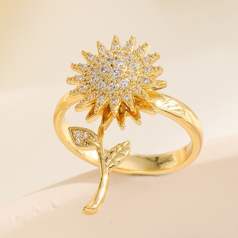 18K oro real color-preservar la suerte de la hierba estilo coreano transfronterizo diamante incrustado rotación de moda abierto anillo ajustable