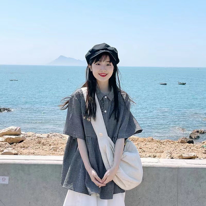 Japanese Style Elegant Retro Plaid Short Sleeve Shirt Summer New Design Sense Shirt Korean Loose Doll Shirt Top