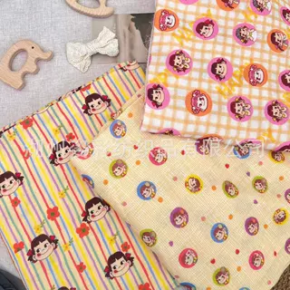 纯棉双层纱布数码印花  水果条纹不二家小女孩  月子服口水巾防蚊