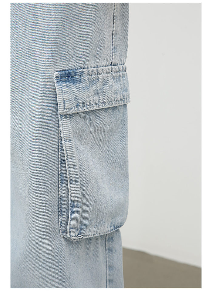 Quần jean nam ống rộng ống đứng dáng suông, vải denim giặt cổ điển, nhiều túi — Màu xanh lam chi tiết 8